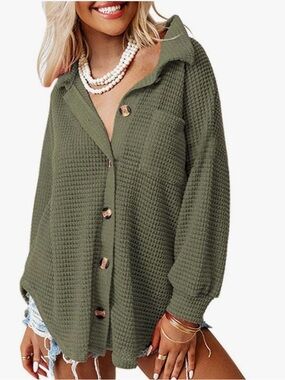 Olive Waffle-Knit Cardigan